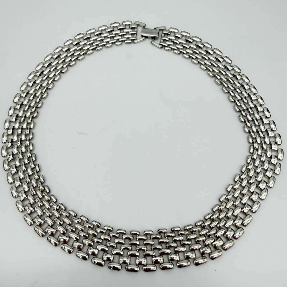 Vintage NAPIER Pat Pend Necklace Silver Tone Panther Wide Link Chain 16.5 Choker
